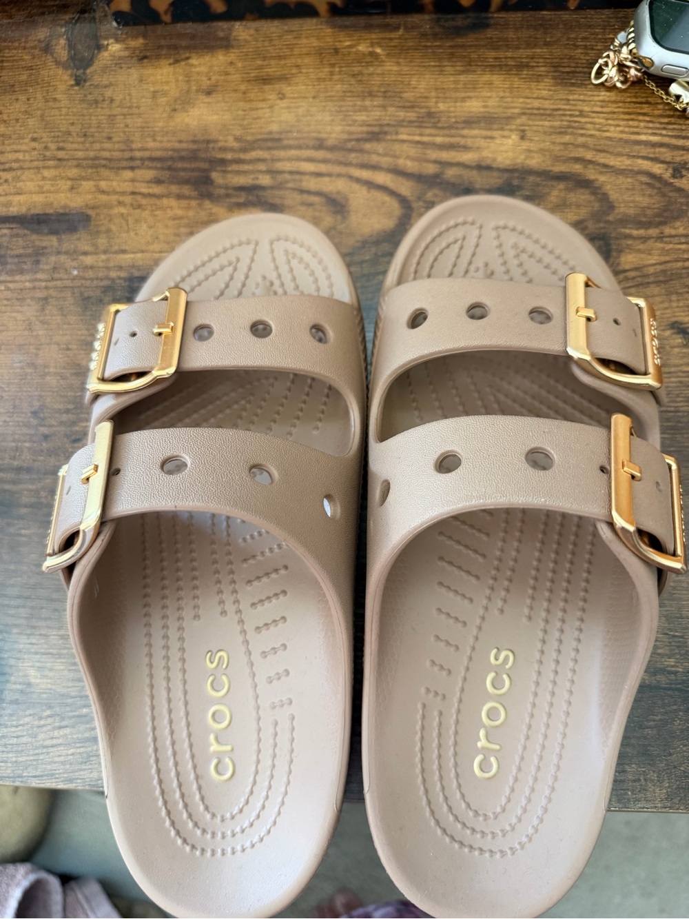 CROCS Double Buckle Slide Sandals in Tan with Gold Buckles